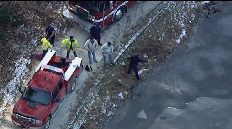 Rescue crews saved a dog that fell into an icy pond.