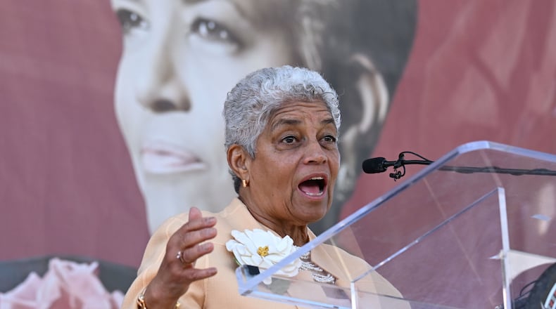 Former Atlanta mayor Shirley Franklin speaks during “Unveiling of Shirley Clarke Franklin Park” event, Thursday, March 28, 2025, in Atlanta. The city’s 58th mayor was officially honored with the unveiling of Shirley Clarke Franklin Boulevard on a portion of Central Avenue SW, and the renaming of Westside Reservoir Park to Shirley Clarke Franklin Park. (Hyosub Shin / AJC)