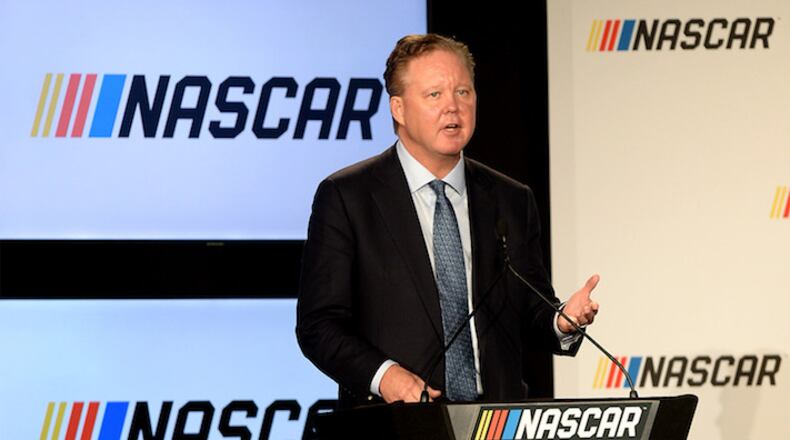 Brian France, CEO and chairman of NASCAR, gives opening remarks prior to an announcement detailing the enhanced competition format that will be implemented in all three of its national series -- the Monster Energy NASCAR Cup Series, the NASCAR XFINITY Series and the NASCAR Camping World Truck Series -- on Monday, Jan. 23, 2017 at the Charlotte Convention Center in uptown Charlotte, N.C. (Jeff Siner/Charlotte Observer/TNS)