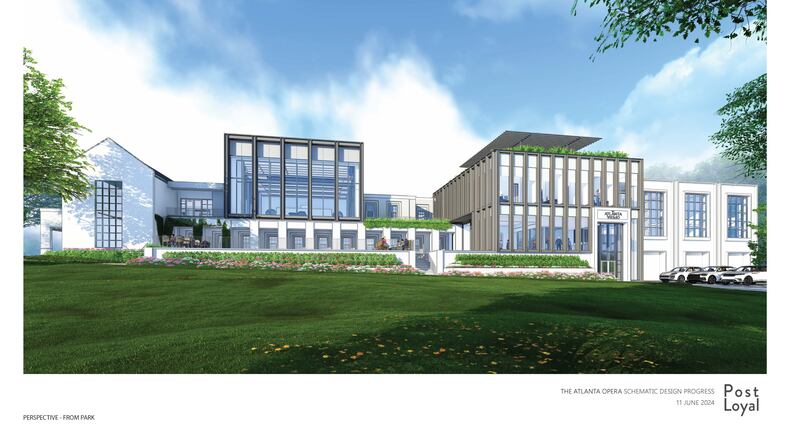 A rendering of the new Molly Blank Center for Opera from the perspective of the park, slated for completion summer 2027. The center will renovate and expand the existing Bobby Jones Clubhouse along the Atlanta Beltline.