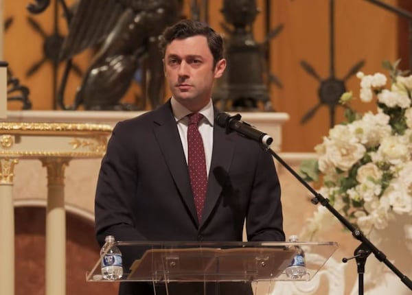 Sen. Jon Ossoff speaks at The Temple's Hanukkah Shabbat service in Atlanta on Dec. 19, 2025. His office released a report outlining human rights abuses in immigration detention centers. (Screenshot)