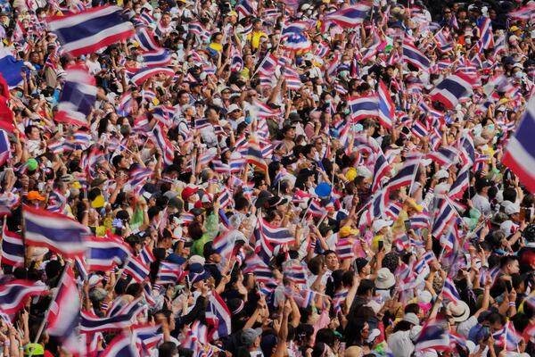Protesters gather at Victory Monument demanding Thailand's Prime Minister Paetongtarn Shinawatra resign in Bangkok, Thailand, Saturday, June 28, 2025. (AP Photo/Sakchai Lalit)