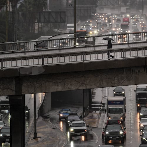 A pedestrian with an umbrella walks on a bridge over the rain-soaked 110 Freeway in Los Angeles Friday, Nov. 14, 2025. (AP Photo/Jae C. Hong)