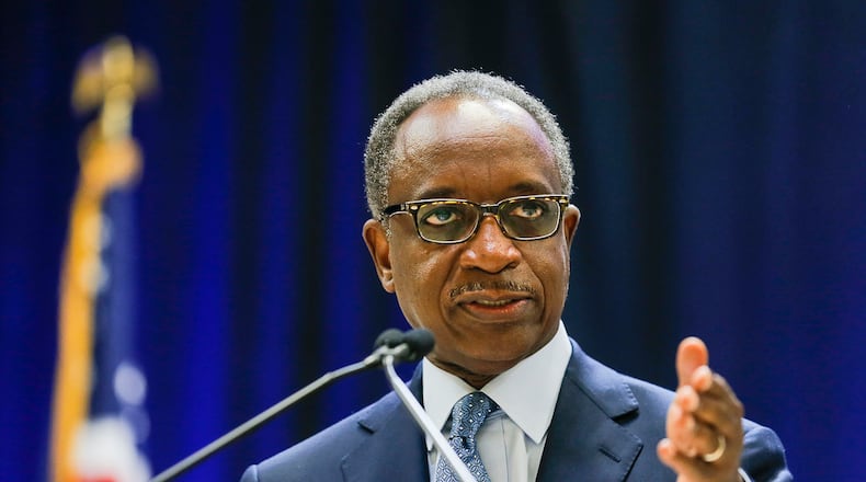 10/07/2019 -- Decatur, Georgia -- DeKalb County CEO Michael Thurmond speaks during a presser to introduce newly appointed DeKalb County Police Chief Mirtha Ramos at the Manuel J. Maloof Auditorium, Monday, October 7, 2019. (Alyssa Pointer/Atlanta Journal Constitution)