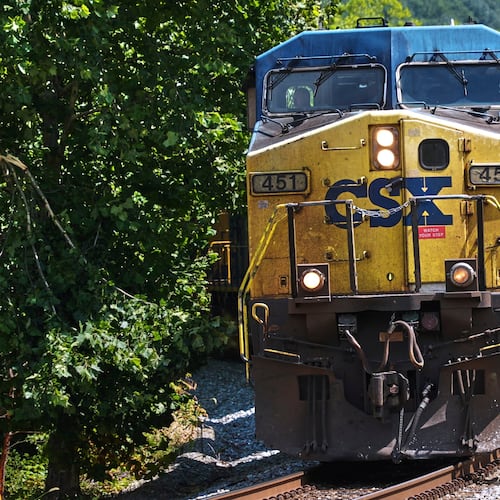 FILE - A CSX freight pulls through Ohiopyle, Pa., Aug. 19, 2025. (AP Photo/Gene J. Puskar, File)