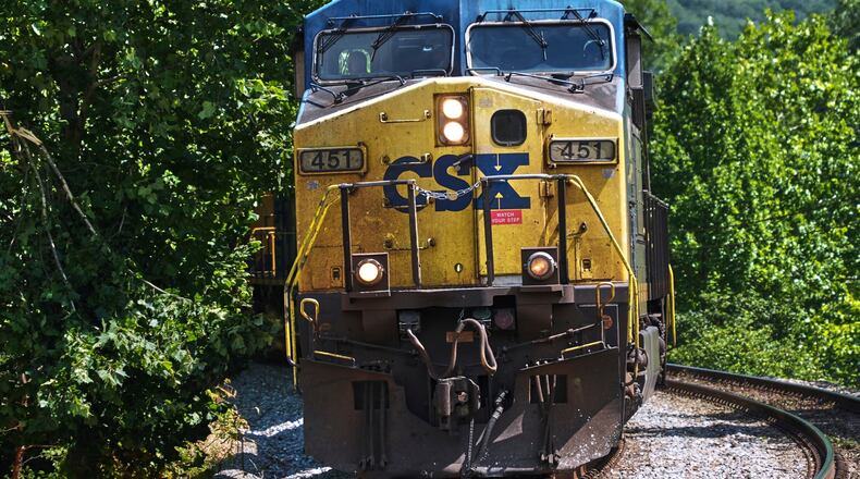 FILE - A CSX freight pulls through Ohiopyle, Pa., Aug. 19, 2025. (AP Photo/Gene J. Puskar, File)