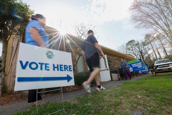 Voters enter and exit the Senior Citizen Center in Etowa during the special election to replace Marjorie Taylor Greene in U.S. House District 14 in NW Georgia on Tuesday, March 10, 2026. (Miguel Martinez/AJC)