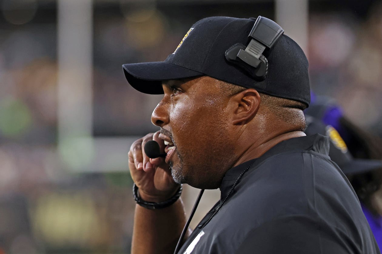 Kennesaw State head coach Jerry Mack directs his players in the first half of an NCAA college football game against Wake Forest, Friday, Aug. 29, 2025, in Winston-Salem, N.C. (Walt Unks/The Winston-Salem Journal via AP)