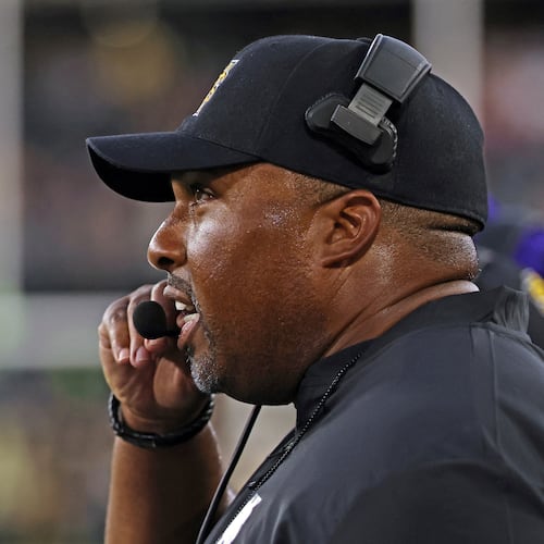 Kennesaw State head coach Jerry Mack directs his players in the first half of an NCAA college football game against Wake Forest, Friday, Aug. 29, 2025, in Winston-Salem, N.C. (Walt Unks/The Winston-Salem Journal via AP)