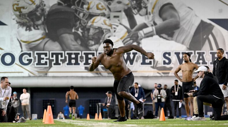 Georgia Tech defensive lineman Zeek Biggers (88) runs a drill during Georgia Tech Pro Day at Rose Bowl Field and the Mary and John Brock Football Practice Facility, Friday, March 14, 2025, in Atlanta. (Hyosub Shin / AJC)