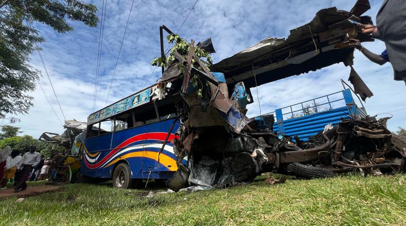 A bus involved in a highway collision that left dozens dead near Gulu, northern Uganda, on Wednesday,Oct. 22, 2025. (AP Photo/ Hakiim Wampamba)