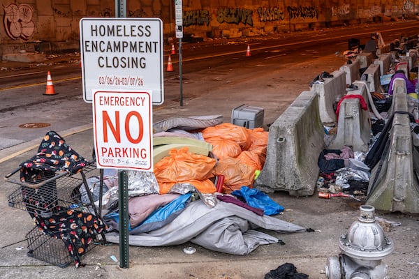 An area around a homeless encampment that runs along Leonard Tate Street under Interstate 85 in downtown Atlanta, Georgia, on Friday, March 6, 2026. (Ben Hendren for the AJC)