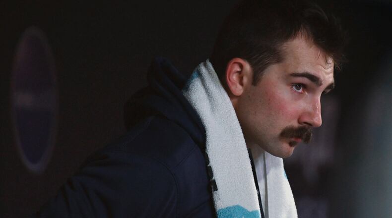 Atlanta Braves' Spencer Strider sits in the dugout during a 2023 game. Strider could miss the rest of the season and perhaps part of the 2025 season. (AP Photo/Nic Coury)