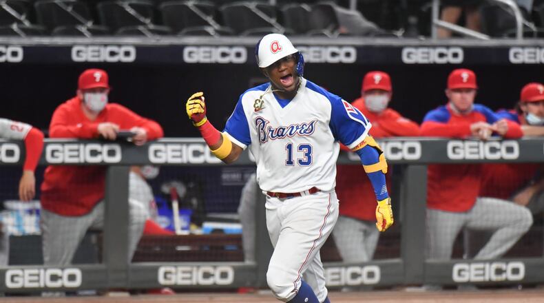 Braves right fielder Ronald Acuna reacts after he hit a two-run home run in the 5th inning. (Hyosub Shin / Hyosub.Shin@ajc.com)