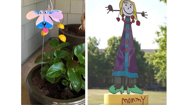 On the left, one of artist Anna Fleckstein and her daughters' yard ornaments, part of Suwanee's Art on a Limb and on the right, a creation by Benson Sculpture, a family of six artists, from a drawing from patriarch Lee Benson’s granddaughter, Reese - part of Suwanee's 2022 SculpTour. (Courtesy City of Suwanee)