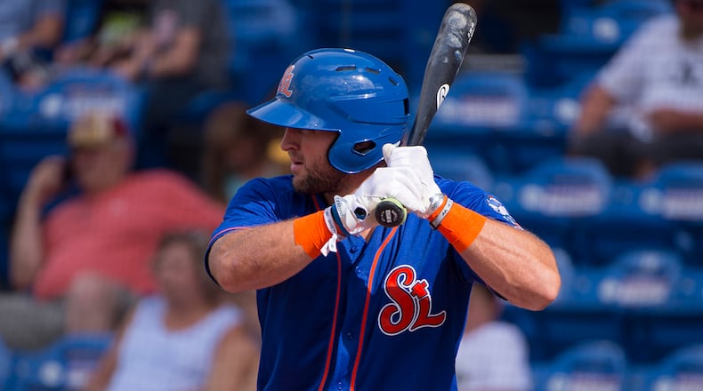 Tim Tebow at bat for the St. Lucie Mets.