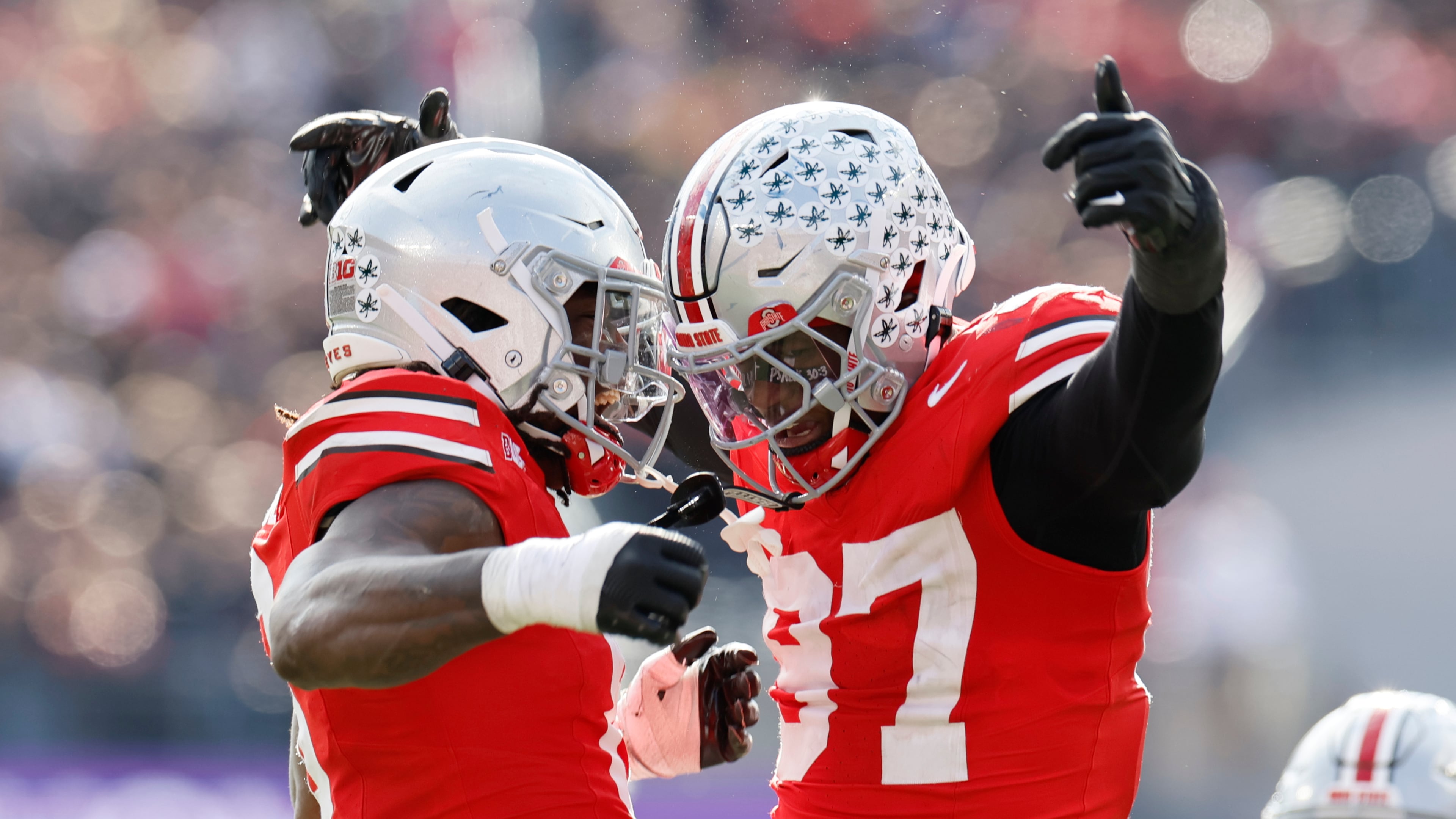 Ohio State linebacker Arvell Reese, left, celebrates his sack against Penn State with teammate defensive lineman Kenyatta Jackson during the second half of an NCAA college football game, Saturday, Nov. 1, 2025, in Columbus, Ohio. (AP Photo/Jay LaPrete)
