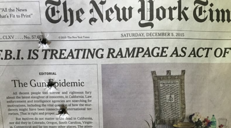 "I hope everyone will join me in posting pictures of bullet holes in the New York Times editorial," Erickson posted with this photo. "Send them your response. Put them on Instagram and use the hashtag for my radio show and I may give you a shoutout."