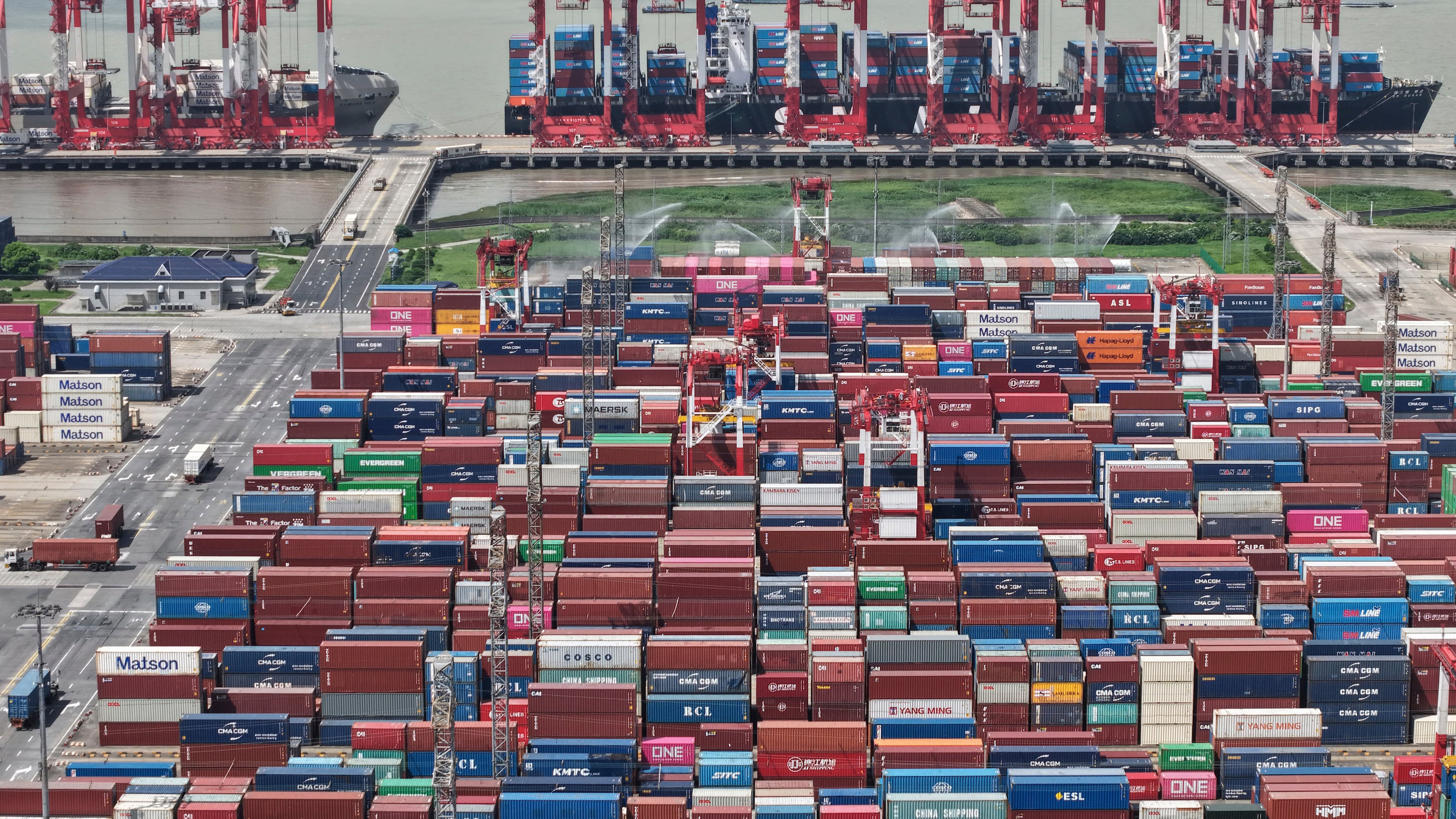 An aerial view of a container terminal in Shanghai, China Monday, Oct. 13, 2025. (Chinatopix via AP)