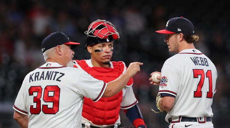 052021 Atlanta: Atlanta Braves pitching coach Rick Kranitz and catcher Willaim Contreras confer with pitcher Jacob Webb during the 10th inning against the Pittsburgh Pirates in a MLB baseball game on Thursday, May 20, 2021, in Atlanta.     “Curtis Compton / Curtis.Compton@ajc.com”