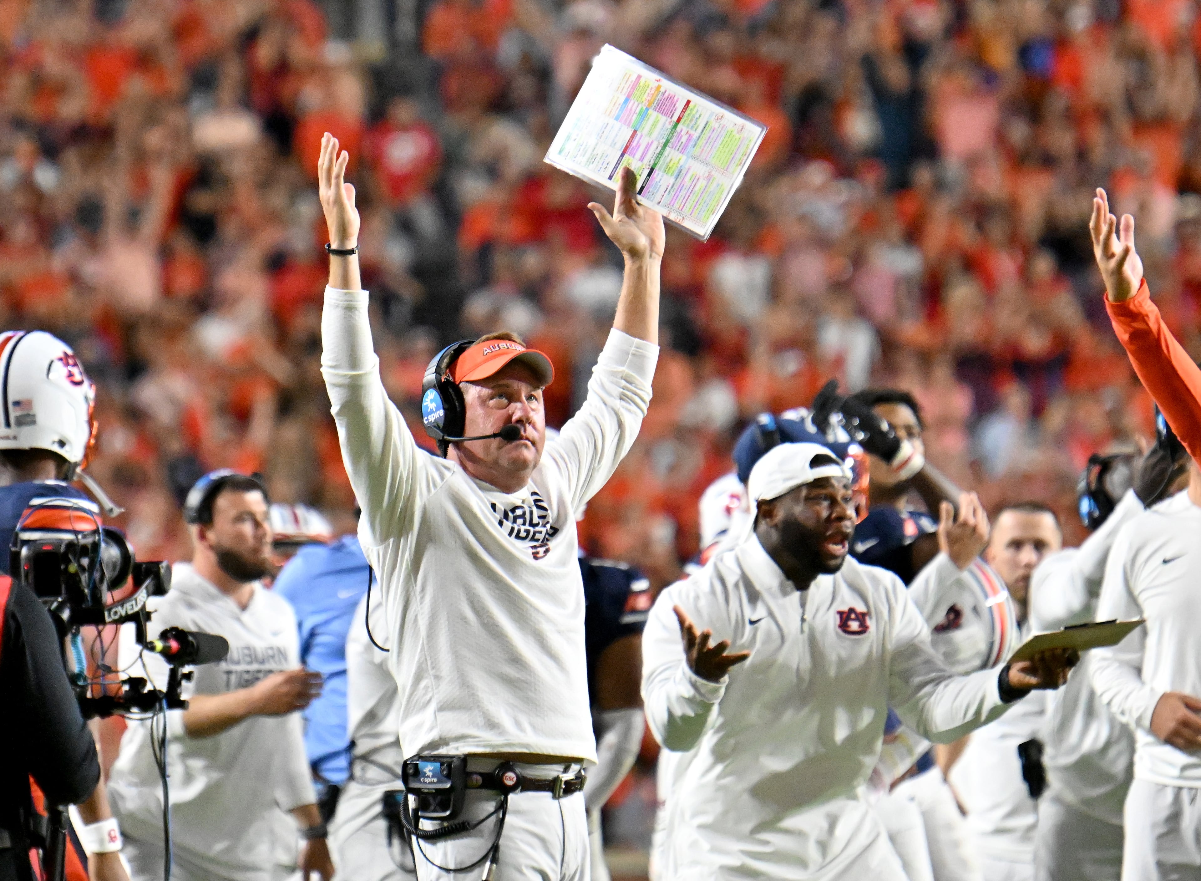 Auburn head coach Hugh Freeze reacts while the fumble play is under review during the first half in a NCAA college football game at Jordan-Hare Stadium, Saturday, October 11, 2025, in Auburn, Ala. The play was under review. It was not a touchdown. (Hyosub Shin / AJC)