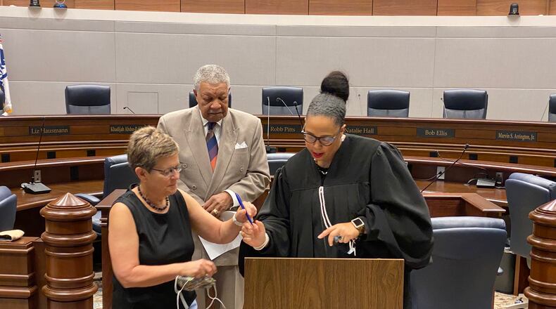 Cathy Woolard, former Atlanta City Council president, was sworn in Wednesday, Sept. 29, 2021 as chair of Fulton County’s board of registration and elections. (Ben Brasch/AJC)