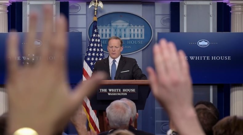 White House press secretary Sean Spicer speaks during the daily briefing at the White House in Washington, Monday, April 3, 2017. Spicer answered questions about the Supreme Court, President Donald Trump's salary and other topics. (AP Photo/Susan Walsh)