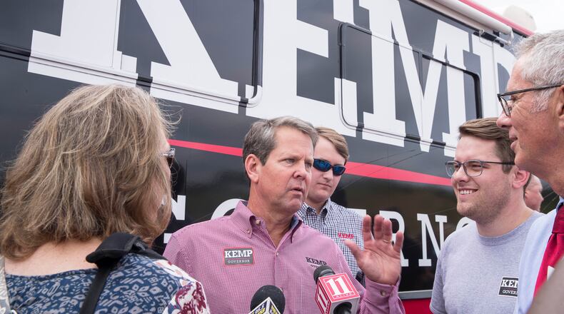 Republican candidate for governor Brian Kemp answers press questions during a campaign stop in Jasper on Monday. ALYSSA POINTER/ALYSSA.POINTER@AJC.COM