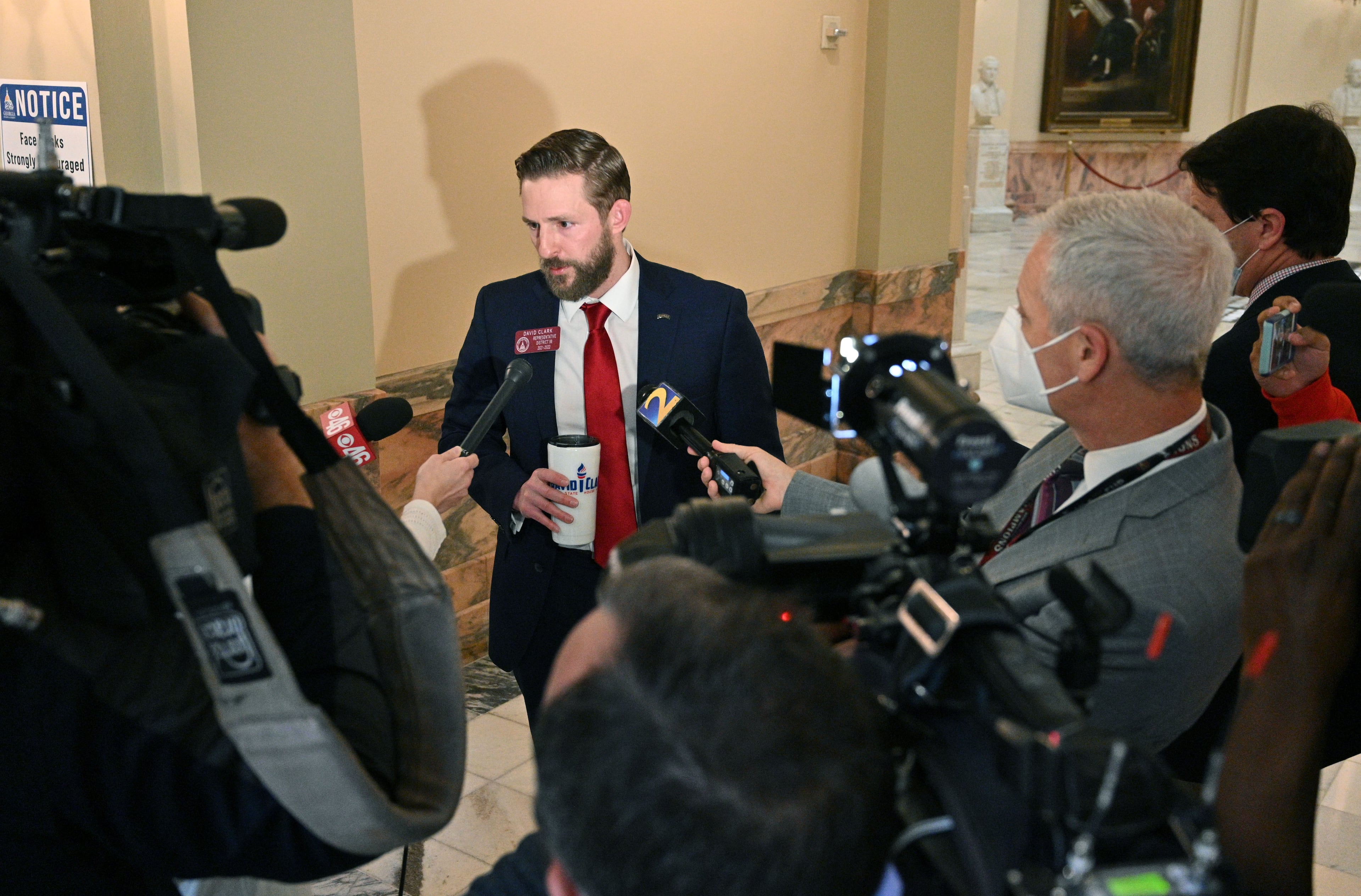 In 2021, state Rep. David Clark, R-Buford, spoke to reporters after being removed from the House Chamber for refusing a COVID-19 test.