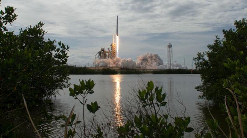 In this handout provided by NASA, the SpaceX Falcon 9 rocket, with the Dragon spacecraft onboard, launches from pad 39A at NASA's Kennedy Space Center on June 3, 2017 in Cape Canaveral, Florida.