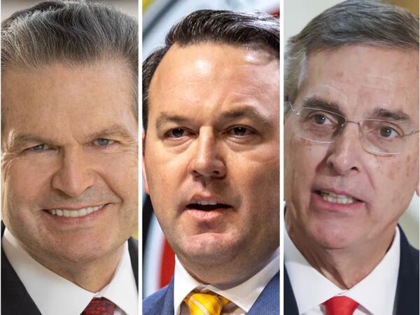 (Left to right) 2026 Republican candidates for governor: health care business owner Rick Jackson, Lt. Gov. Burt Jones and Secretary of State Brad Raffensperger. (AJC FILE).