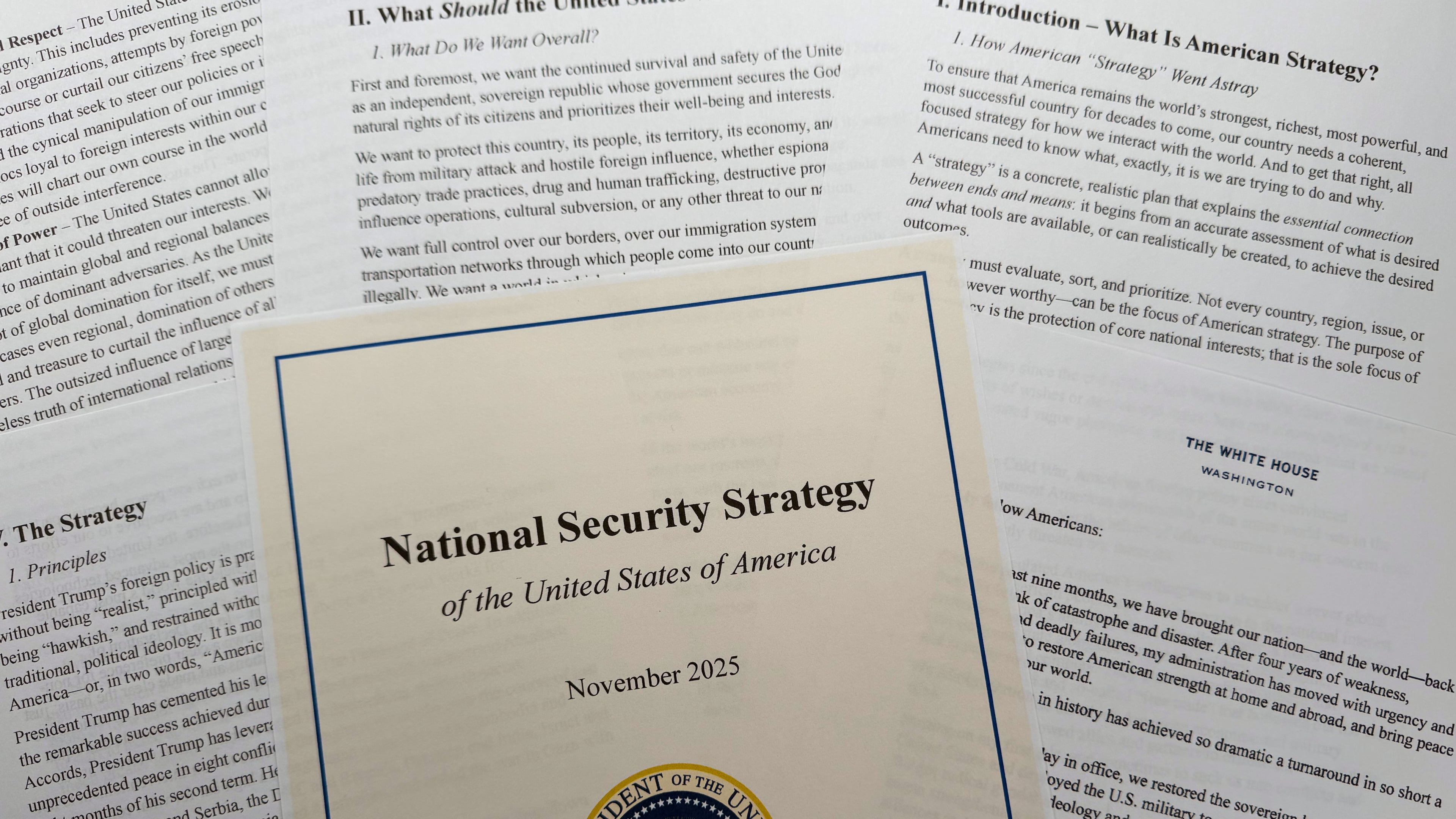The National Security Strategy, released in November 2025, is photographed Wednesday, Dec. 10, 2025. (AP Photo/Jon Elswick)