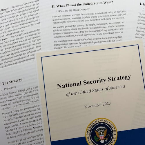 The National Security Strategy, released in November 2025, is photographed Wednesday, Dec. 10, 2025. (AP Photo/Jon Elswick)