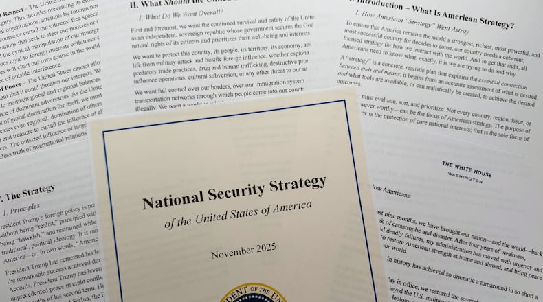 The National Security Strategy, released in November 2025, is photographed Wednesday, Dec. 10, 2025. (AP Photo/Jon Elswick)