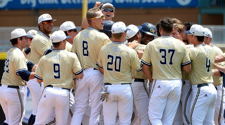 Georgia Tech celebrates winning game ten of the 2019 ACC Baseball Tournament in Durham, N.C., Friday, May 24, 2019. (Photo by Sara D. Davis, the ACC)