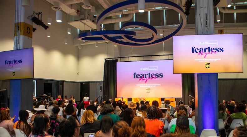 Attendees network during a break at the Fearless Moguls summit held at The Gathering Spot ATL on Friday, Aug 30, 2024 for women of color entrepreneurs.  This is day one of a multi-day conference which provides networking and opportunity for Black women business owners. (Jenni Girtman for The Atlanta Journal-Constitution)