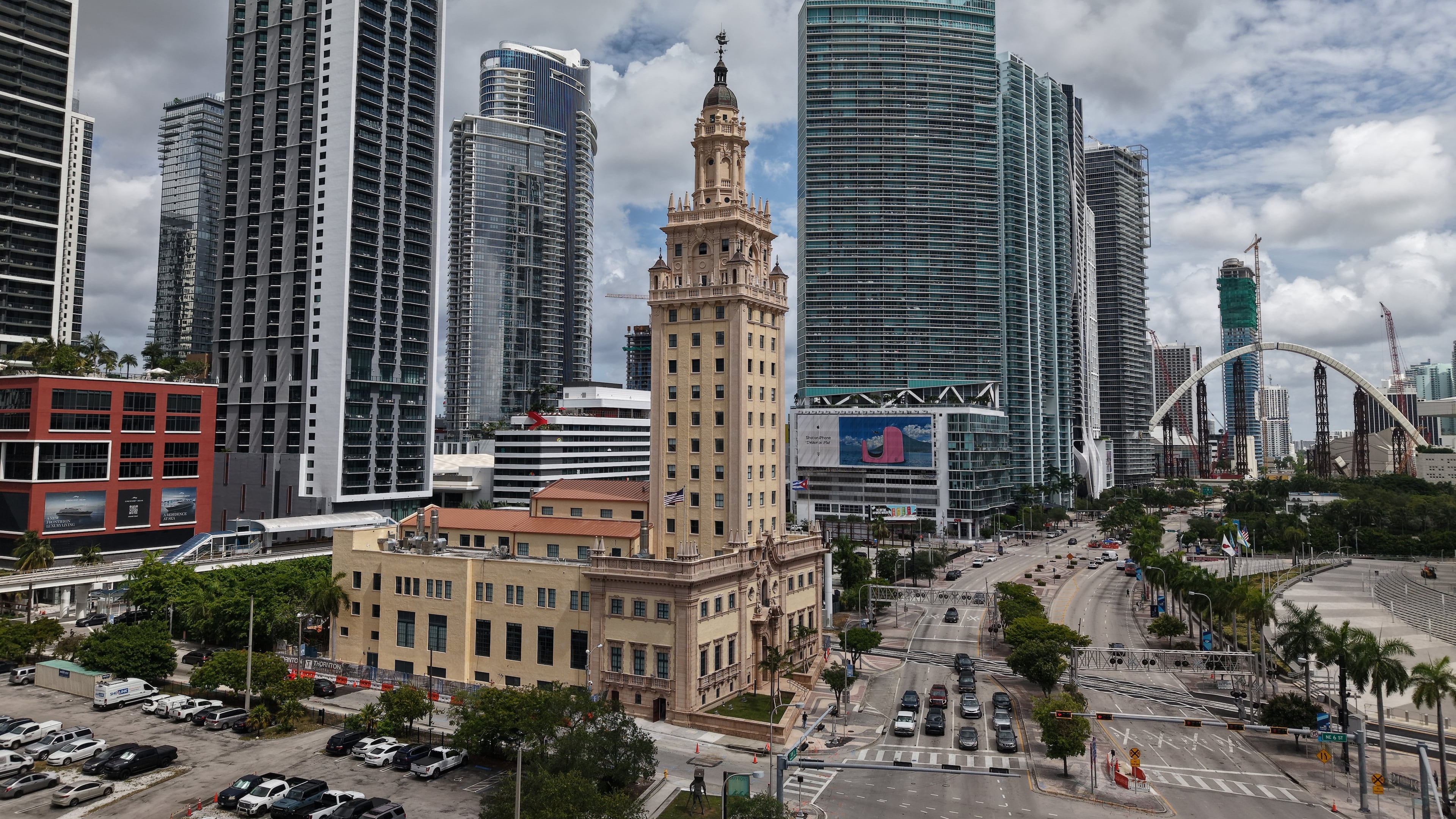 The Freedom Tower is seen in downtown Miami on Friday, Aug. 8, 2025. (AP Photo/Daniel Kozin)