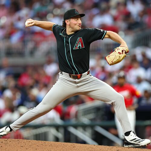 Arizona Diamondbacks pitcher Brandon Pfaadt delivers in the third inning of a baseball game against the Atlanta Braves, Friday, Aug. 14, 2026, in Atlanta. (AP Photo/Colin Hubbard)