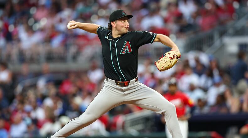 Arizona Diamondbacks pitcher Brandon Pfaadt delivers in the third inning of a baseball game against the Atlanta Braves, Friday, Aug. 14, 2026, in Atlanta. (AP Photo/Colin Hubbard)