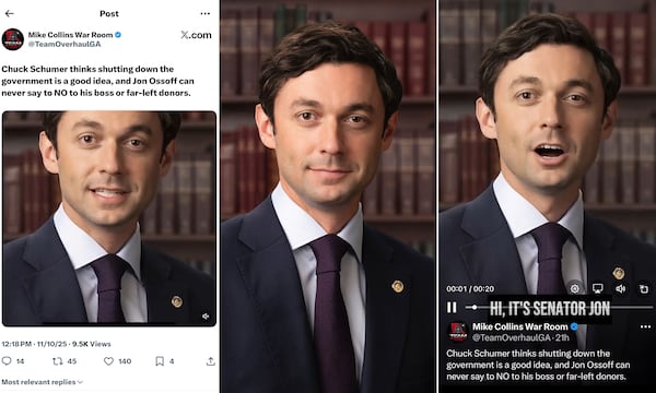 U.S. Rep. Mike Collins’ Senate campaign used AI to create a fake video of U.S. Sen. Jon Ossoff with fabricated comments about his shutdown vote. (Screenshot)