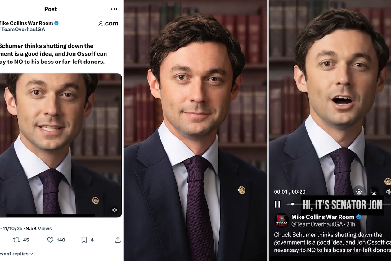 U.S. Rep. Mike Collins' Senate campaign used Sen. Jon Ossoff's Senate portrait (center) to create an AI-generated video of Ossoff talking about his vote not to end the government shutdown. The video was reposted to Collins' campaign account on X (left). (Screenshot)