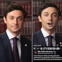 U.S. Rep. Mike Collins' Senate campaign used Sen. Jon Ossoff's Senate portrait (center) to create an AI-generated video of Ossoff talking about his vote not to end the government shutdown. The video was reposted to Collins' campaign account on X (left). (Screenshot)