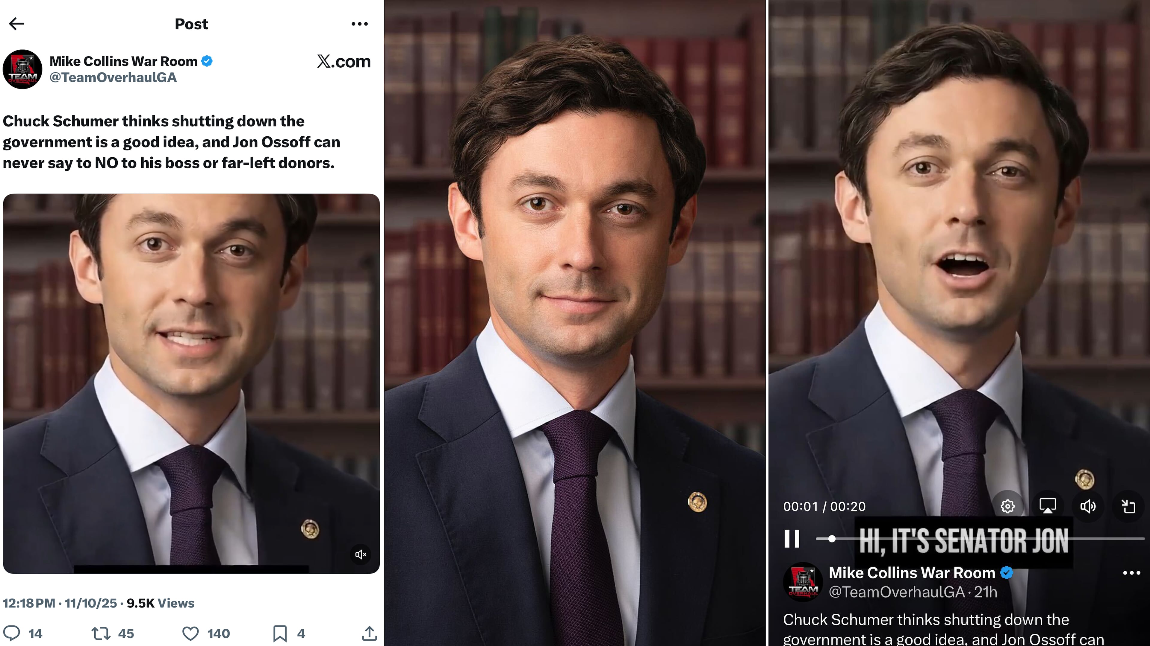 U.S. Rep. Mike Collins' Senate campaign used Sen. Jon Ossoff's Senate portrait (center) to create an AI-generated video of Ossoff talking about his vote not to end the government shutdown. The video was reposted to Collins' campaign account on X (left). (Screenshot)