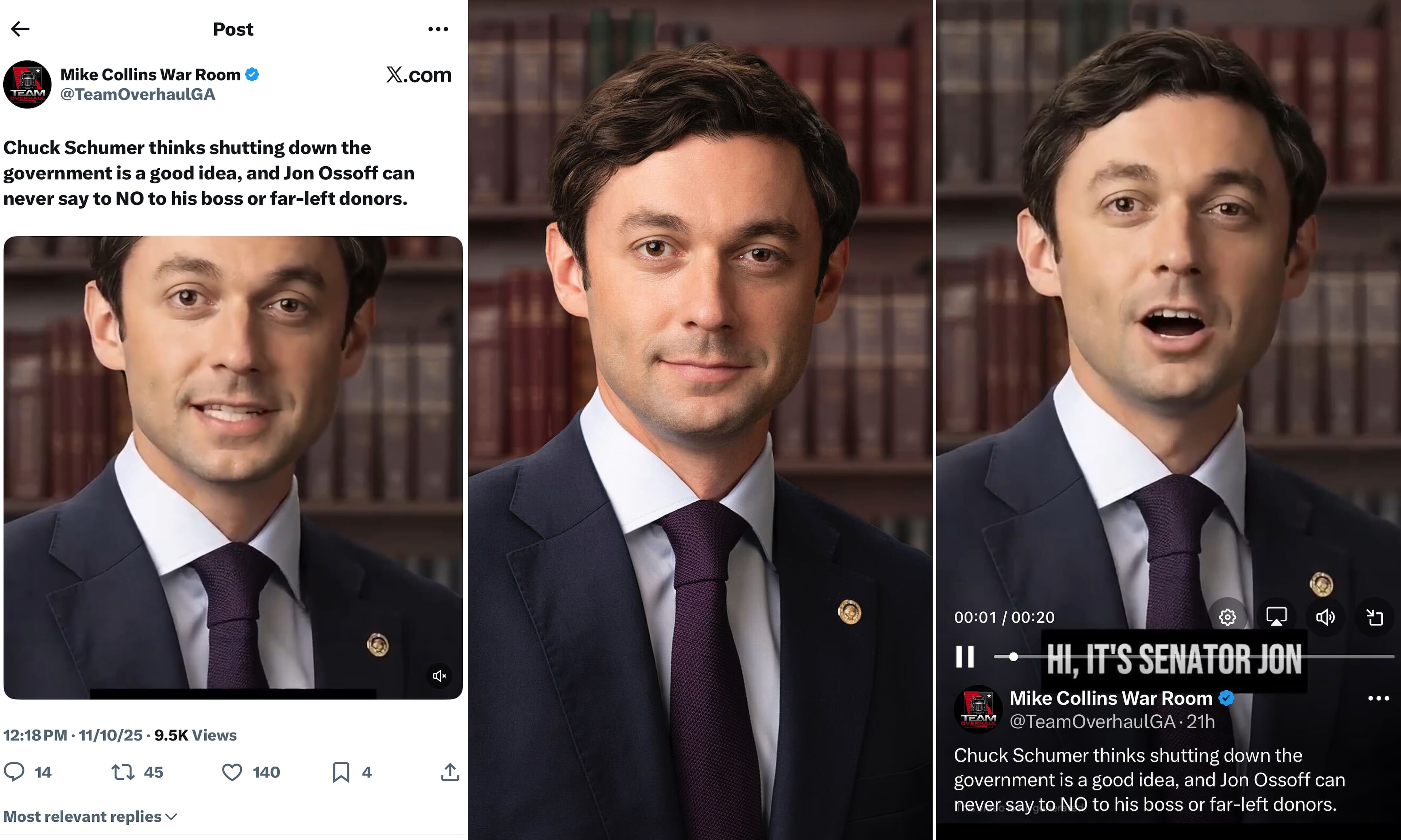 U.S. Rep. Mike Collins’ Senate campaign used AI to create a fake video of U.S. Sen. Jon Ossoff with fabricated comments about his shutdown vote. (Screenshot)