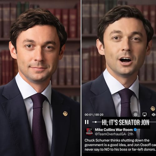 U.S. Rep. Mike Collins' Senate campaign used Sen. Jon Ossoff's Senate portrait (center) to create an AI-generated video of Ossoff talking about his vote not to end the government shutdown. The video was reposted to Collins' campaign X account (left). (Screenshot)