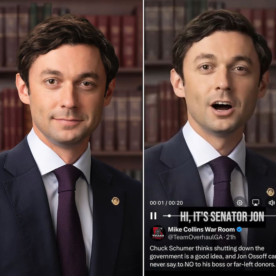U.S. Rep. Mike Collins' Senate campaign used Sen. Jon Ossoff's Senate portrait (center) to create an AI-generated video of Ossoff talking about his vote not to end the government shutdown. The video was reposted to Collins' campaign account on X (left). (Screenshot)