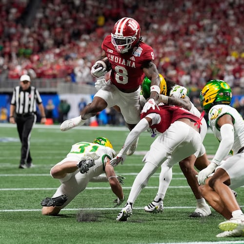 Indiana running back Kaelon Black carries the ball against Oregon during the Peach Bowl on Friday, Jan. 9, 2026, at Mercedes-Benz Stadium in Atlanta. The game was not the most entertaining, with Indiana controlling from the first snap on the way to a 56-22 blowout win. (Mike Stewart/AP)