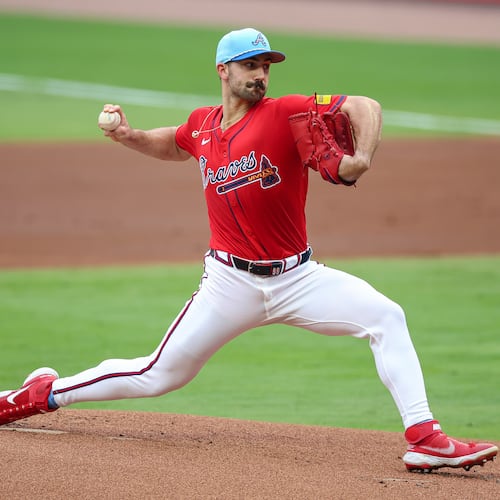 Atlanta Braves pitcher Spencer Strider delivers in the first inning of a baseball game against the Baltimore Orioles, Friday, July 4, 2025, in Atlanta. (AP Photo/Colin Hubbard)