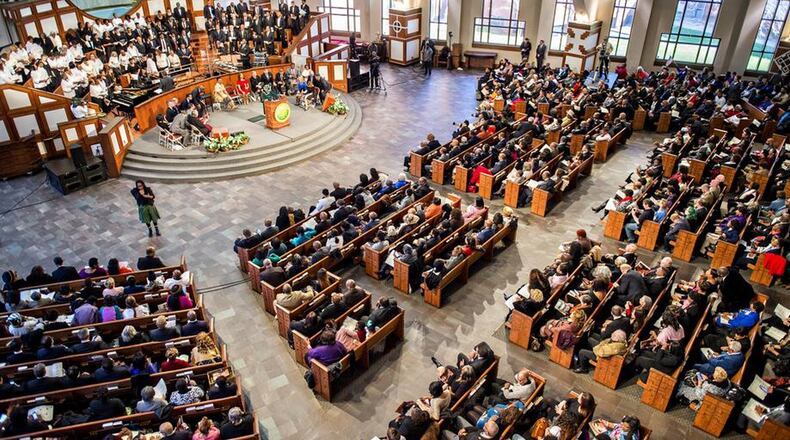 Christine King Farris (at podium) speaks during the 48th Martin Luther King Jr. Annual Commemorative Service at Ebenezer Baptist Church in Atlanta on Jan. 18, 2016. The five-hour service featured numerous speakers and performances all in memory of King. This year’s event will be held Jan. 16. JONATHAN PHILLIPS / SPECIAL