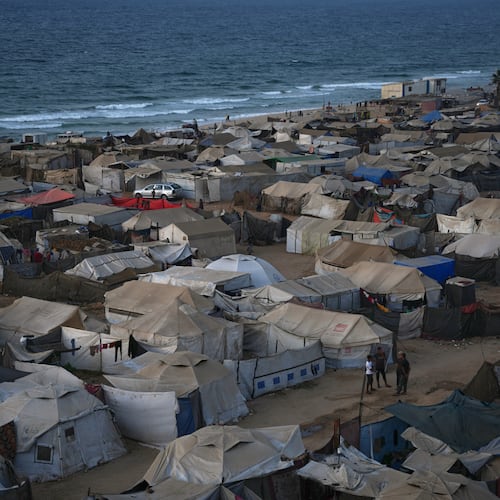Tents fill a makeshift camp for displaced Palestinians in Zawaida, in the central Gaza Strip, on Saturday, Nov. 1, 2025. (AP Photo/Abdel Kareem Hana)